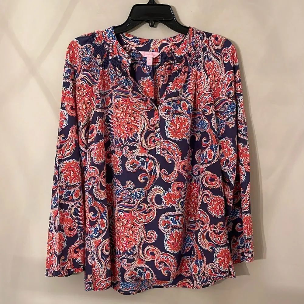 Lilly Pulitzer Elsa Silk Blouse Top For the Halibut Paisley Navy Red Size Medium
